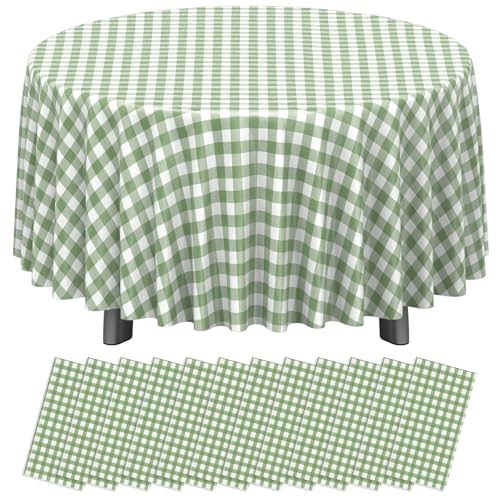 Image of 12 Pack Sage Green Plastic Checkered Tablecloth Round, Premium Decorative Disposable Sage Green Gingham Plaid Table Cloths for Parties, Round Party Table Cover for Baby Shower Picnic Birthday, 84 Inch