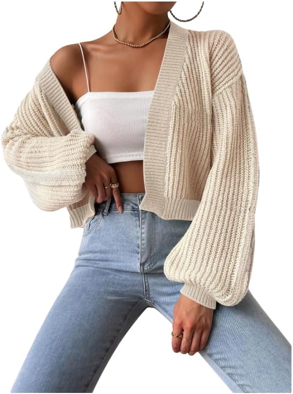 COZYEASE Women's Color Block Crop Cardigan Top Bishop Long Sleeve Open Front Sweater