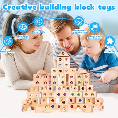 Regenbogen-Stapelspielzeug Aus Holz, Holzbausteine Set für Kinder, Regenbogen Stapelblock, Regenbogen-Stapelspielzeug Aus Holz Mit Acryl Edelstein, Pädagogisches Lernspielzeug Für Kinder (50stk)