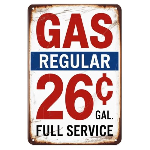 Gas Regular 26 Cents Full Service Station tin sign Vintage Gas and Oil Metal Sign for Garden & Yard Bar Porch Garage Home Bedroom Kitchen Decor Gift 8 x 12, easy to hang