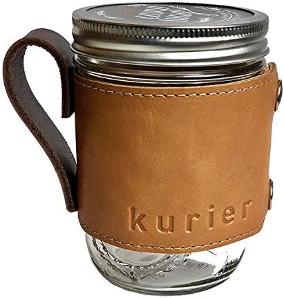 Kurier brown/tan removable full grain leather Camp Mug/glass mason ball canning jar mug travel coffee cup with handle handmade in USA 16 oz. glass jar included. Great gift for Dad!