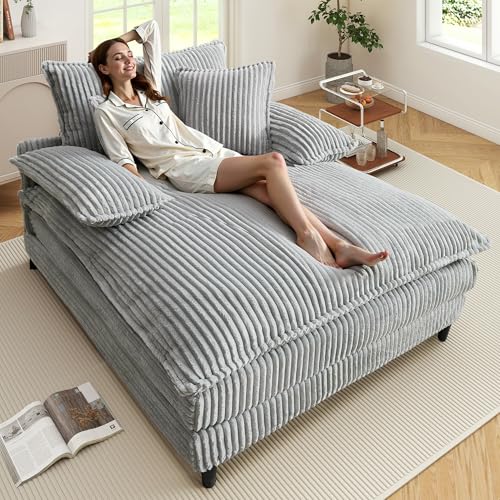 Image of WESTSETLUX 54.8 inch W Oversized Chaise Lounge Chair Indoor with 5-Position Adjustable Backrest, Corduroy Sleeper Sofa Bed with 3 Pillows, Modern Cloud Couch Chair for Living Room, Bedroom, Grey