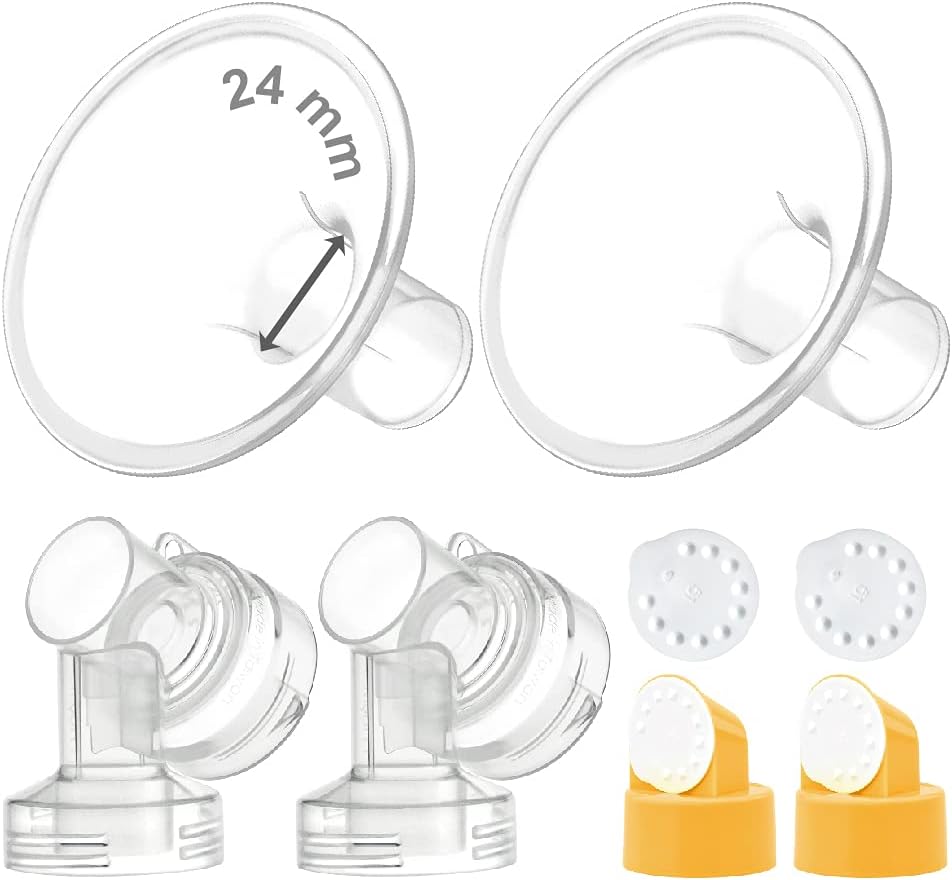 MyFit Flange Set, Two-Piece Breast Shield (24mm Medium) Connector Valve Membrane Compatible with Medela Breast Pumps (Pump in Style Advanced, Lactina, Symphony) Not Original Medela Pump Parts