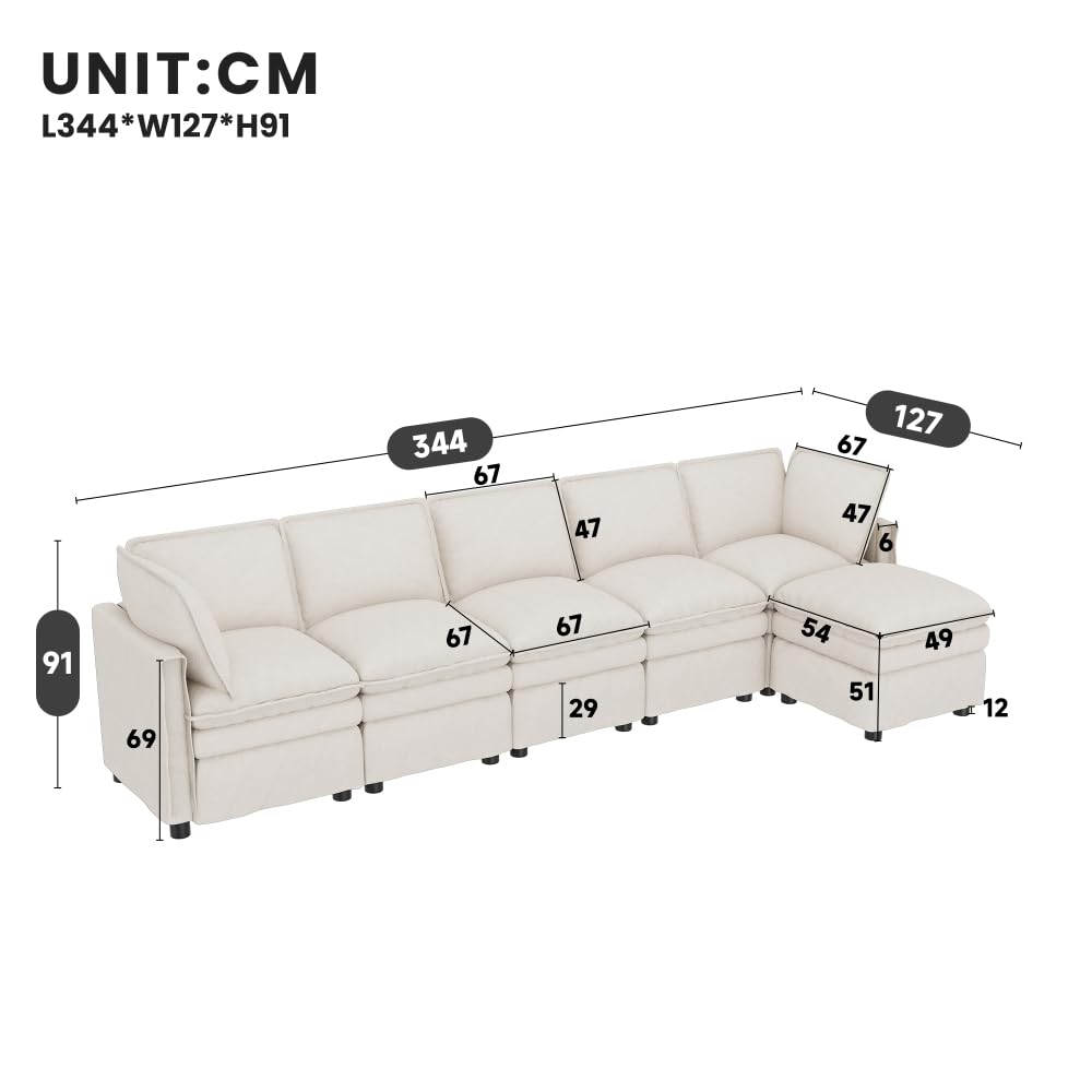 Sofá esquinero convertible, sofá convertible de 4 plazas, sofá cama con función de descanso, se puede combinar libremente en forma, con reposapiés móvil, doble acolchado de asiento,chenilla,(Beige)