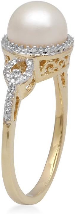Jewelili 10KT Yellow Gold Cultured Pearl with Created White Sapphire Ring, Size 7