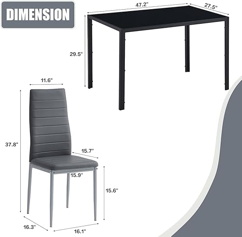 Miniatura 5 de ROZHOME Juego de mesa de comedor para 4, mesa de cocina y sillas de 5 piezas con mesa de vidrio templado y 4 sillas de marco de metal de terciopelo,