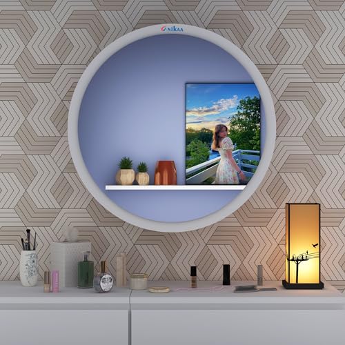 Image of Anikaa Eilish Mirror Cabinet | Wall-Mounted Round Mirror with Hidden Storage | Ideal for Bedroom, Bathroom & Entryway | Walnut /White(20x20x17 Inches)