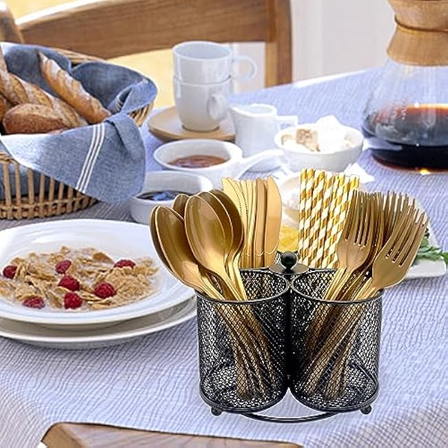 Silverware Holder Utensil Caddy - 360¡ã Rotating Silverware Caddy 4 Compartment Metal Cutlery Organizer Fork Spoon Napkin Plastic Flatware Storage Basket Party Countertop Picnic Outdoor Black