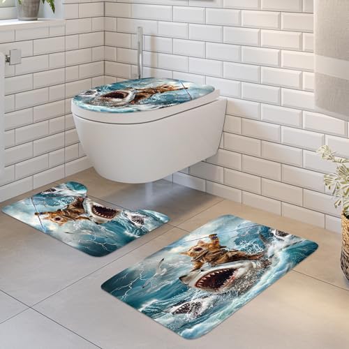 Image of 4 PCS Funny Cat Shower Curtain Riding Shark Riding Shark Surfing Beach Ocean
