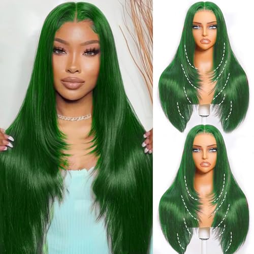 Colorful Bird Green Straight Layered Wig Human Hair 13x6 Lace Front Wigs Glueless Pre Plucked Pre Cut Bleached Knots Wear and Go Wig 20 inch