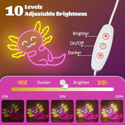 Image of Axolotl Neon Sign for Bedroom, Okayera Dimmable LED Light Wall Decor, Cute Pink Kawaii Anime Axolotl Gifts for Kids Girls Animals Lovers, Nightlight for Living Room Nursery Gamer Party Theme Decor