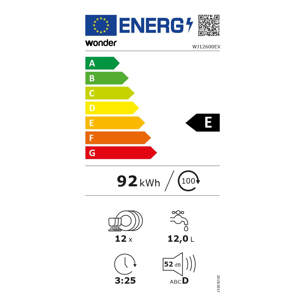 Wonder Lavavajillas 60 cm Inox WJ12600EX. 1900W, 12 Cubiertos, 2 Bandejas, 5 Programas, Control Electrónico, Función Stop&Go, Secado Super Active, Bajo nivel Sonoro, Eficiencia Energética Clase E