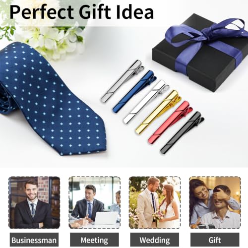 Image of MOWPOG 6 Pcs Tie Clips for Men, Tie Bar Pins Tacks with Gift Box | Copper, Shiny & Glossy, for Father, Husband, Boyfriend, Business, Wedding, Suit Accessories, Easy to Open, Won't Fade /Scratch