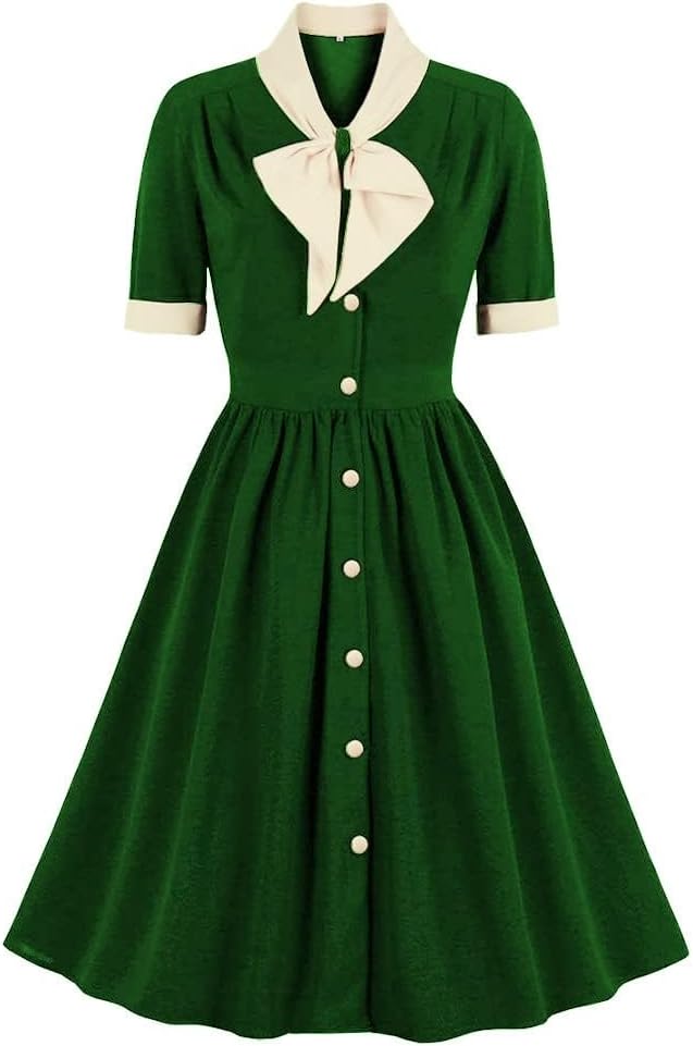 Vintage Women 1940s Bow Tie Neck Dress Retro 40s 50s Button Up Business Work A-line Cocktail Dresses
