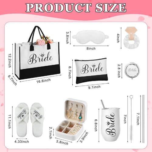 JaGely 9 Pcs Bride Gifts Set Bride Shower Bachelorette Gifts with Wine Tumbler Robe Bag Eyemask Scrunchie Jewelry Box2