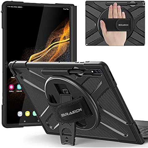 BRAECN Case for Samsung Galaxy Tab S8 Ultra 14.6 inch 2022, Shockproof Rugged Portable Protective Case with Pen Holder, 360° Rotating Kickstand and Hand Strap for SM-X900/X906, Black Cover