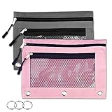 Binder Pencil Pouches - 2 Pieces 3 Ring Pencil Pouch with Zipper Pulls Double Pockets Pencil Case with Clear and Mesh Window (2 Pieces, Grey and Pink)