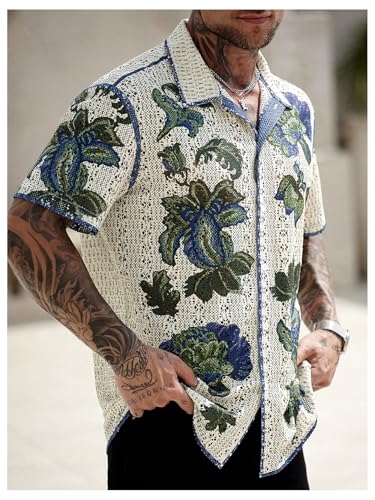 GORGLITTER Men's Striped Button Down Knit Shirts Short Sleeve Crochet Collared Cardigan Hollow Out Tops2