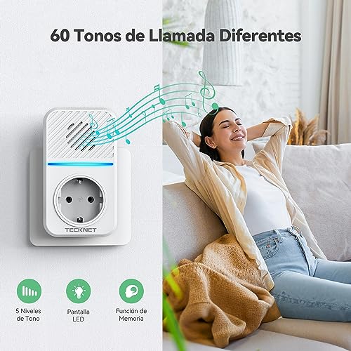 Miniatura 7 de Tecknet Timbre Inalámbrico Kit, 400m Timbre Inalámbrico Autoalimentado Con 2 Receptores, Ip65 Kit De Timbre Con Tomas Usb Externas Y Luz Led, 60 Melodías, 5 Niveles De Volumen