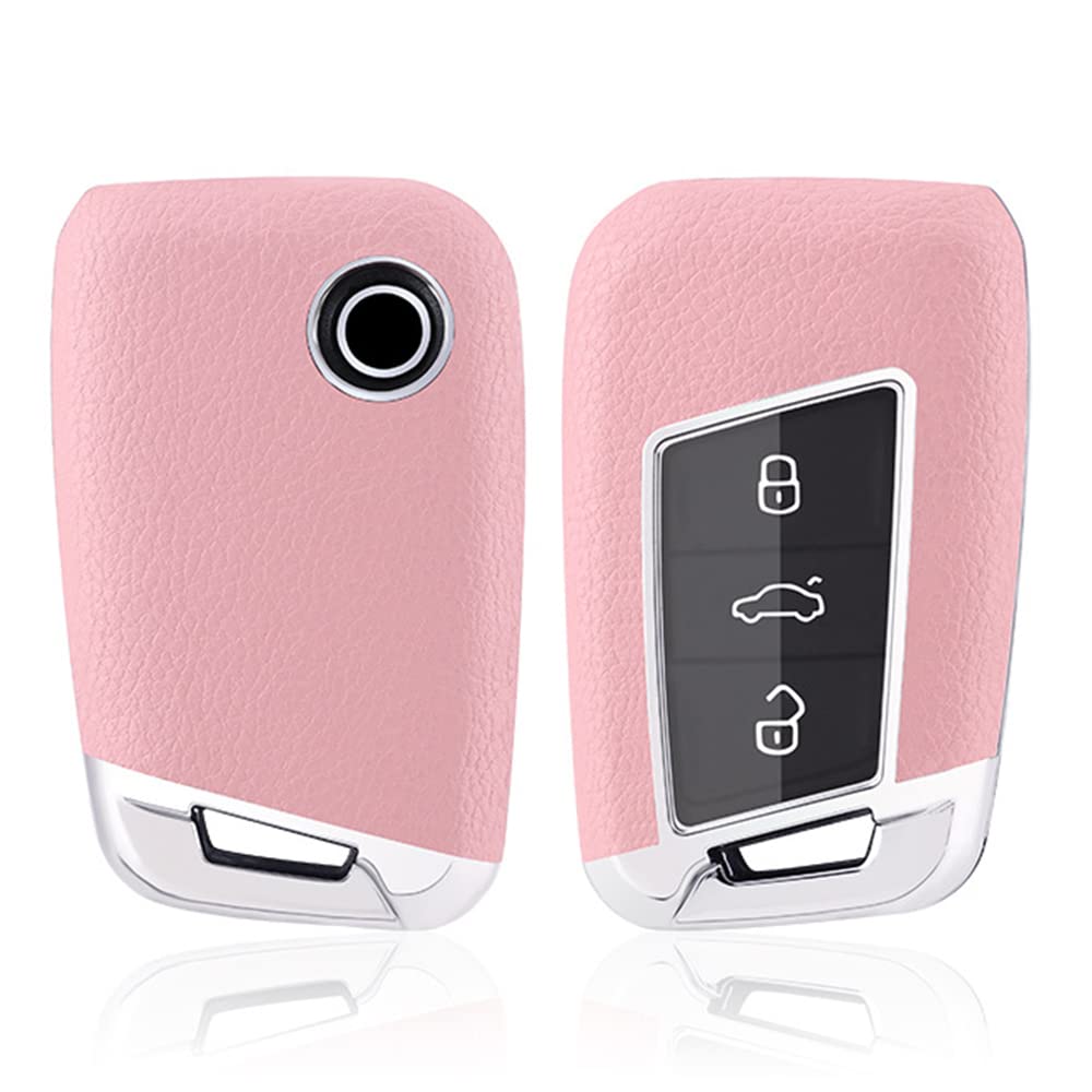 HIBEYO Smartkey, Custodia Protettiva in Pelle per Chiave Auto, Adatta per VW CC Passat Teramont Beetle Skoda Superb Variant, 3 Tasti, Rosa