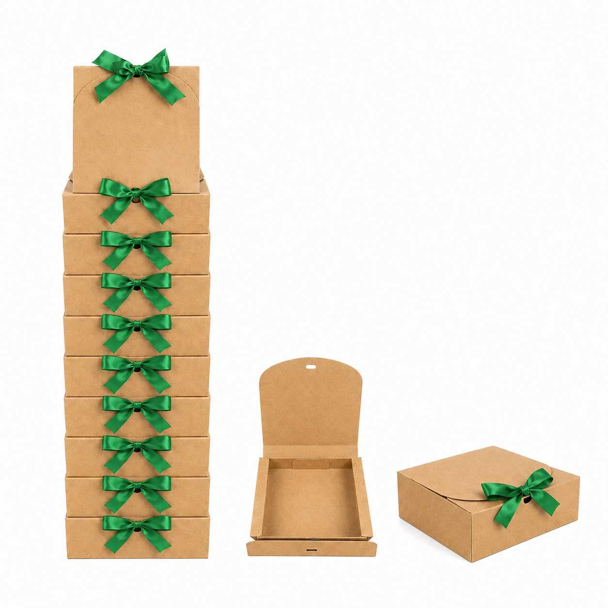 Emartbuy Brown Kraft Gift Box with Green Ribbon – 16.5 x 16.5 x 5 cm – Fits Jewellery, Soap Bars & Small Candles – Birthdays Weddings Christmas Corporate Gifting Trade Wholesale – Pack of 12