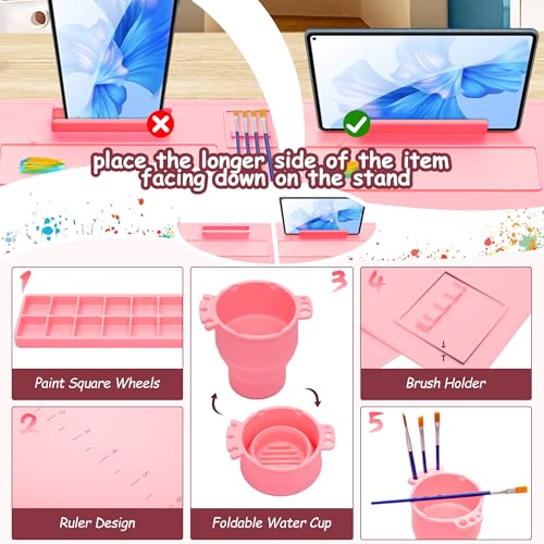 iArtker Silicone Painting Mat with Cup and Palette, 20"×16" Non-Slip Silicone Craft Art Mat with Stand and Lid for Painting, Resin, DIY, Pink