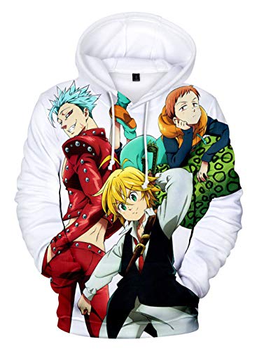Cosstars Anime Nanatsu No Taizai The Seven Deadly Sins Hoodie Sudadera con Capucha Cosplay Disfraz 3D Impreso Pullover Suéter con Bolsillos Cordón 10 XXS