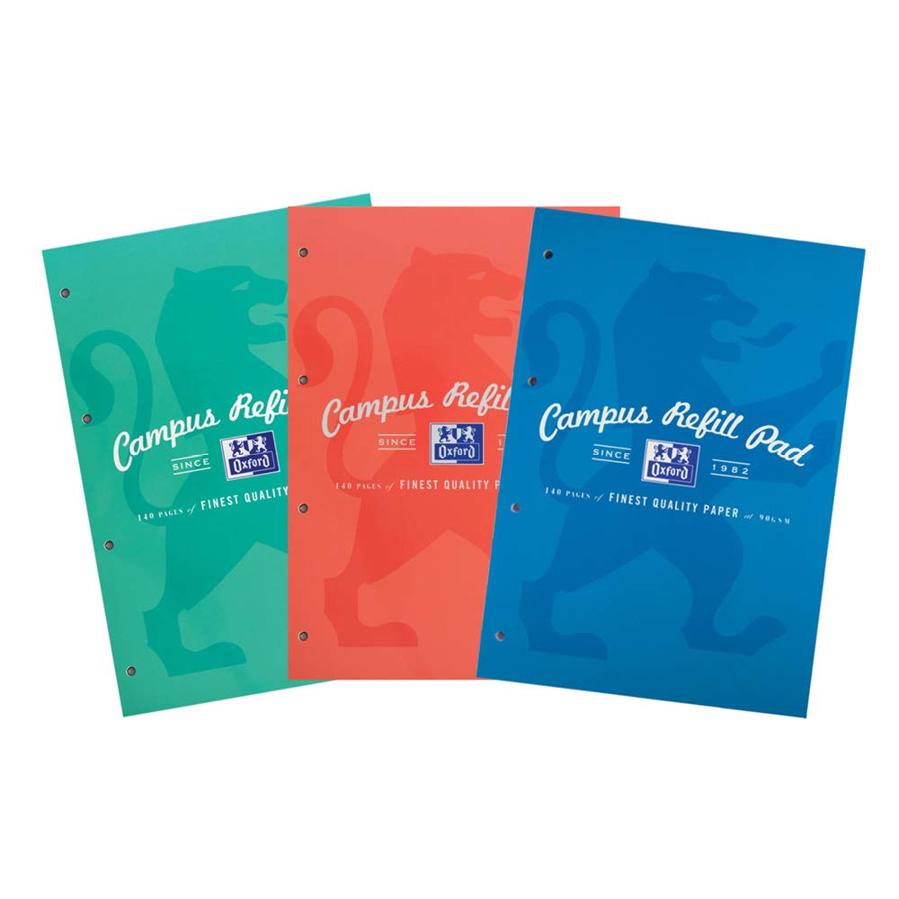 Oxford Campus, Lined Paper A4 Refill Pad, 140 Pages, Marine Assorted Colours, Pack of 3