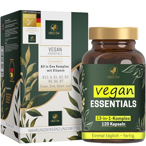 VITACTIV Vegan Essentials - 120 Kapseln (4 Monate), Vegan Supplements - All in One Komplex mit Vitamin B12, A, B1, B2, B3, B5, B6, B7, Eisen, Calcium, Zink, Selen, Jod - Hochdosiert, aus Deutschland