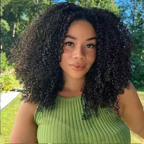 Kinky Curly Half Wig Human Hair Glueless Human Hair Wig 200 Density 3 In 1 Seamless Flip Over Half Wigs Human Hair Drawstring Headband Wig for Women 18 Inch