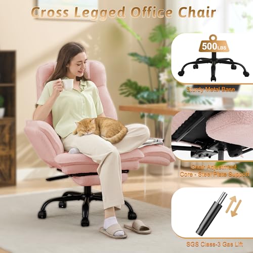 Image of Wider Seat Office Chair with Flip Armrests for Criss Cross Legged&Cats, Big and Tall Executive Ergonomic Reclining Chair with Footrest&Lumbar Pillow, Teddy Fleece Desk Chair, Pink Vanity Chair