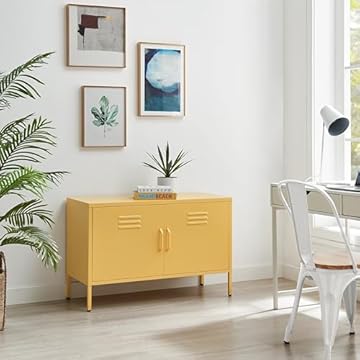 Furniturebox UK Mustard Yellow Metal 2 Door Sideboard - Teksi - Industrial Metal Locker Filing Style Cabinet - Living Room Bedroom Bathroom Office Storage - Drinks Cabinet - Modern Design