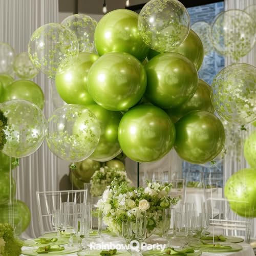 Image of RainbowQ Metallic Lime Green Balloons: 55Pcs 12 inch Chrome Light Green Confetti Latex Balloon for Birthday Anniversary Wedding Dinosaur Decoration