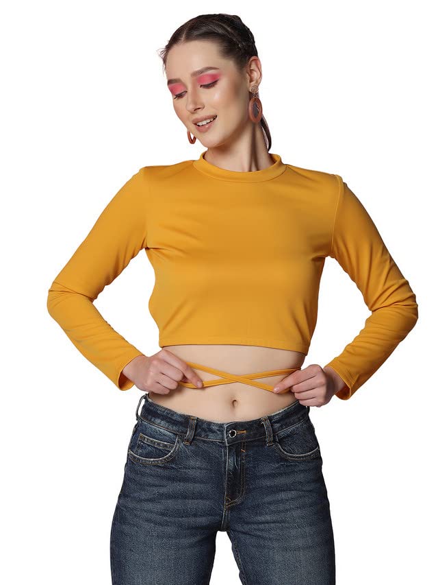 SelviaWomen's Knitted Full Sleeve Lycra Round Neck Regular Fit Crop Top