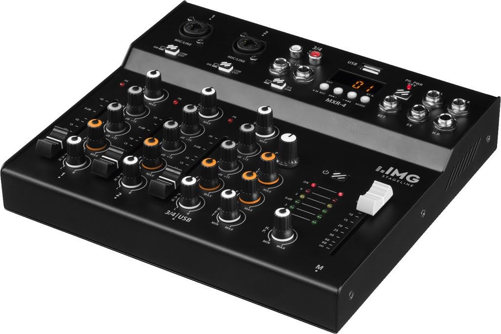 IMG 200250 STAGELINE MXR-4, 4-Kanal Audio-Mischpult mit integriertem MP3-Player, Bluetooth-Empfänger und DSP-Effekteinheit, Audio-Console mit 2 Mono-Eingangskanälen mit Gainregler, Mix-Pult in Schwarz