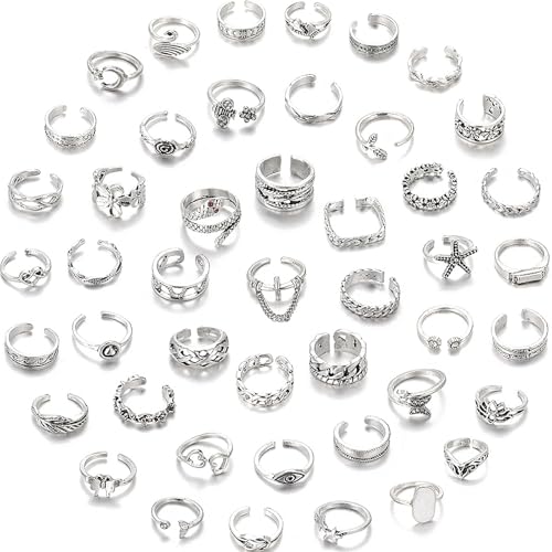 Acruccen 46 Pcs Open Toe Rings Set for Women Adjustable Finger Tail Ring Summer Beach Foot Jewelry Silver-tone