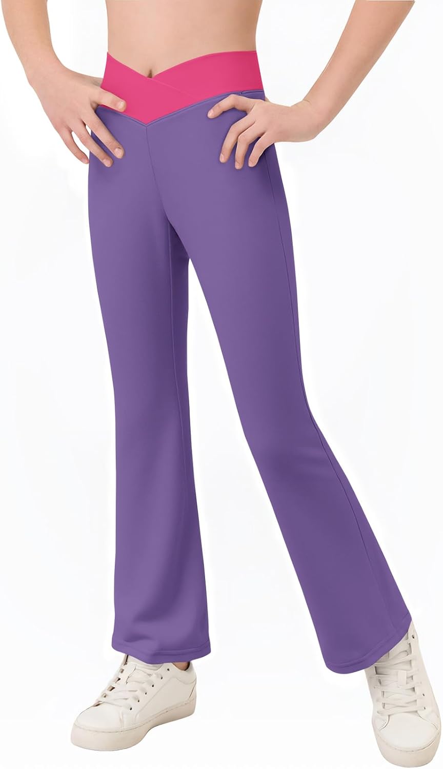 Haloumoning Girls Flare Leggings Cross High Waisted Bootcut Pants Kids Color Block Full Length Bell Bottoms 5-14Y