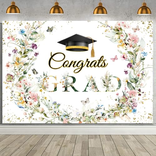 MEHOFOND 7x5ft Wildflower Graduation Backdrop Watercolor Floral Congrats Grad Photography Background Class of 2026 Congratulations Graduate Party Decorations Banner Large Graduation Prom Party Supplie