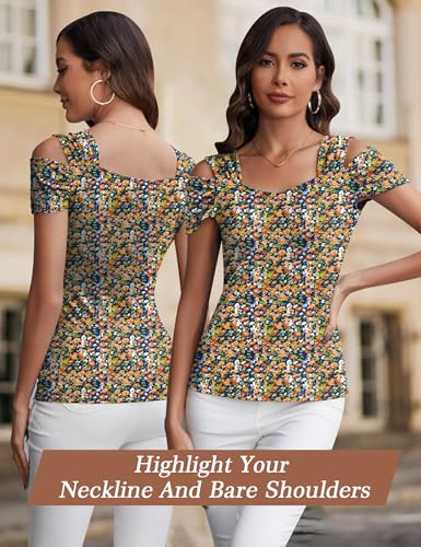 Image of Blingfit Blouses for Women Dressy Casual Sexy V Neck Off Shoulder Cold Shoulder Halter Tops Half Sleeve Shirts for Ladies XL, Blue Orange Flower