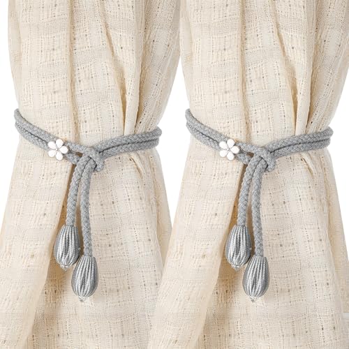 DOPENSPI 4 pièces de fleurs tissées à la main Embrasses de rideau, 53 cm de porte-rideaux sans perçage avec boucle de corde réglable Embrasses de rideau...