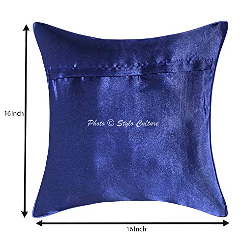 Image of Decorative Brocade Cushion Covers 16x16 Inch Banarasi Jacquard Weave Navy Blue & Gold Home Decor Peacock Traditional Square 40x40 cm Zippered Sofa Settee Pillowcases -Set of 5 Pcs