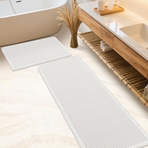 IM HOME Waffle Bath Mat Set 2 Piece White Woven Modern Bath Rug Mats Absorbent Non Slip Bath Floor Mat Soft Washable Boho Bath Rugs with Tassels for Bathroom Bedroom Kitchen Tub