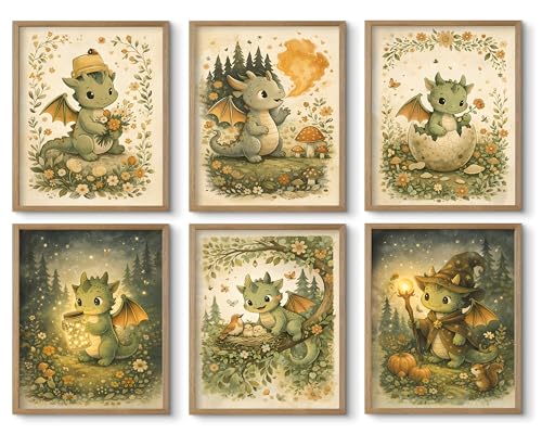 tgguytiy Vintage Nursery Dragon Wall Art - 6 Pcs Cute Baby Dinosaur Posters - Whimsical Woodland Fantasy Dragon Pictures - Storybook Style Canvas Prints for Kids Bedroom Playroom 8x10 Inch Unframed