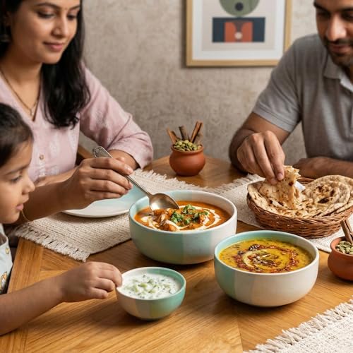 Image of The Earth Store Tritone Green Ceramic Serving Bowl Set of 3 - 800ML, 500ML, 150ML Microwave Safe Bowl, Elegant Serving Bowl | Ceramic Bowl Set of 3 for Home | Restaurants | Gifting