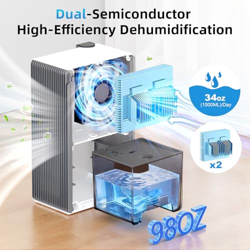 Image of 98 OZ Small Dehumidifier for Home 1000 Sq Ft, Quiet Dehumidifier with Drain Hose, Auto Shut-Off, Sleep Mode, 7-Color Light for Basement, Bedroom, Bathroom, Closet, RV (Sliver White)