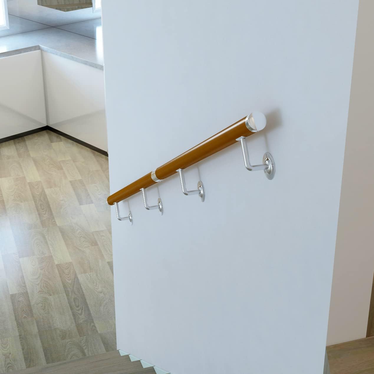 DIYHD 6.6FT Indoor Staircase Handrail,Stainless Steel Bracket Wall Mount Hand Railing,Wooden Yellow PVC Interior Handrail,Diameter 1-7/8"