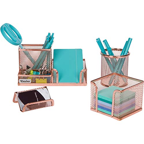 Desk Organizer Office Accessories Set - Set of 4 Rose Gold Desk Accessories, Mesh Desk Set Includes Pen Case, Sticky Note Holder, Business Card Tray, and Desk Organizer