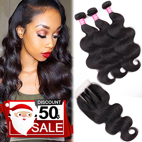 Brazilian Human Hair 3 Bundles With Closure Body Wave (22 24 26+20,Three Part Closure) 9A Unprocessed Virgin Hair Weft Bundles Deal With 4X4 Top Lace Closure Natural Black Color