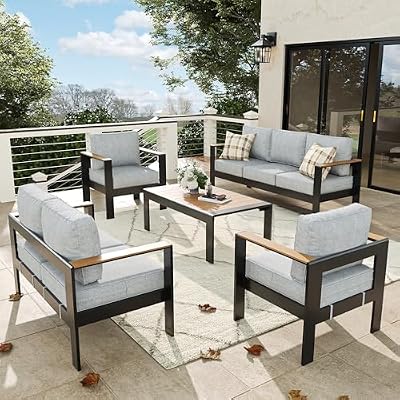 Vakollia 5 Pieces Aluminum Outdoor Patio Furniture Set with Coffee Table, Outside Metal Patio Conversation Sets with Deep Seating and Thick Cushions