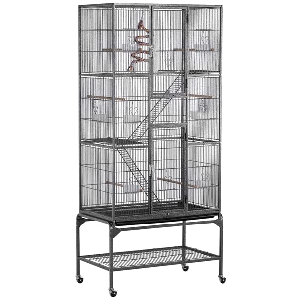 Abician Grande Cage à Oiseaux à 3 Niveaux avec 2 échelles en métal Volière Extérieur avec Pied sur Roulette 81 x 46,5 x 175,5 cm Noir